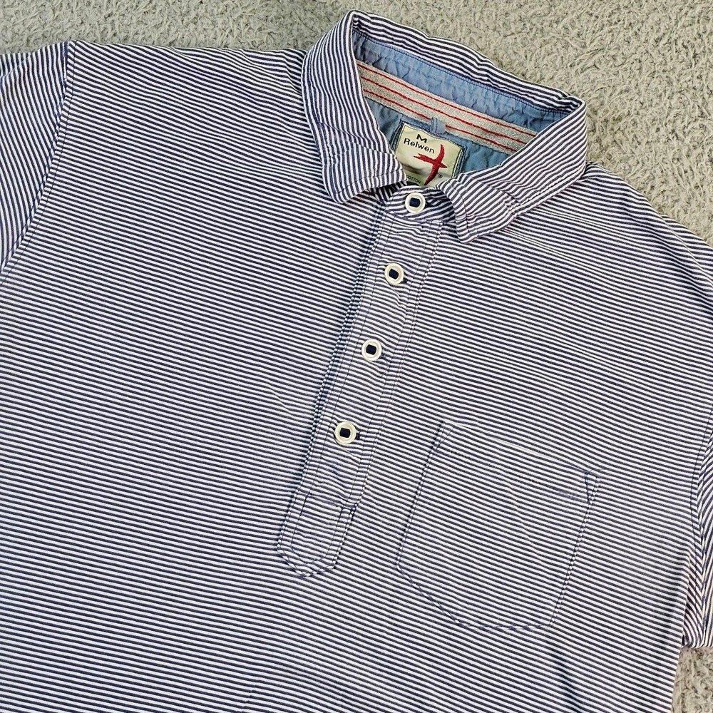 Relwen Polo Shirt Mens Medium Blue Striped Cotton Pocket Short Sleeve Knit